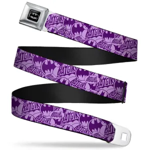 Batman Full Color Black Silver Black Seatbelt Belt - BATGIRL Logo/Bat Signal Stacked Purples Webbing