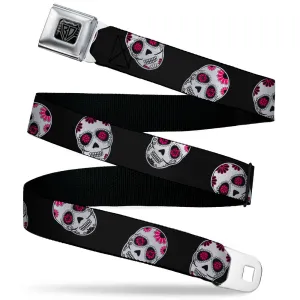 BD Wings Logo CLOSE-UP Black/Silver Seatbelt Belt - Sugar Skulls Scattered Black/White/Fuchsia Webbing by Buckle-Down