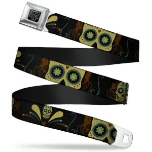 BD Wings Logo CLOSE-UP Full Color Black Silver Seatbelt Belt - Sugar Skulls Black/Olive/Burgundy Webbing by Buckle-Down