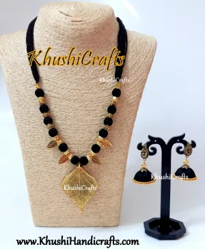 Black silk thread Necklace set with Leaf Pendant