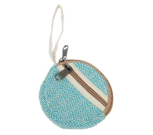 Cute Blue Coin Purse, Hemp/Cotton Blend, Wave Pattern, Zipper Pocket, Key Chain Accessory