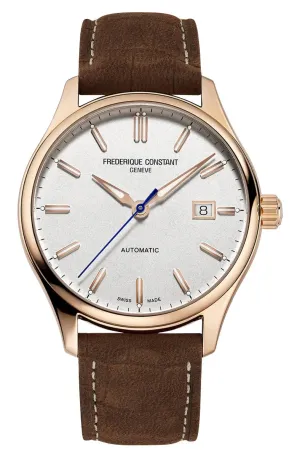 Frederique Constant Classics Index Automatic Rose Gold PVD Silver Dial Brown Leather Strap Date Mens Watch FC-303NV5B4