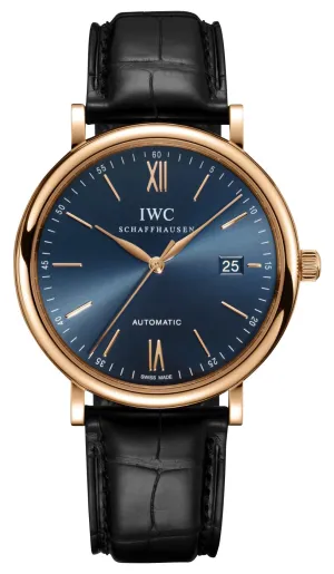 IWC Portofino Automatic 18K Rose Gold Blue Dial Black Leather Strap Date Mens Watch IW356522