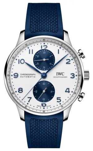 IWC Portugieser Automatic Chronograph Stainless Steel White Dial Blue Rubber Strap Mens Watch IW371620