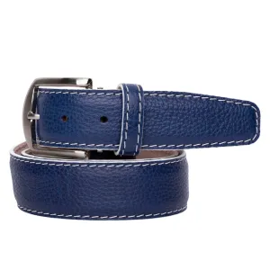 LEN Belt French Pebble Grain New Blue with White Edge & Border Stitch STK