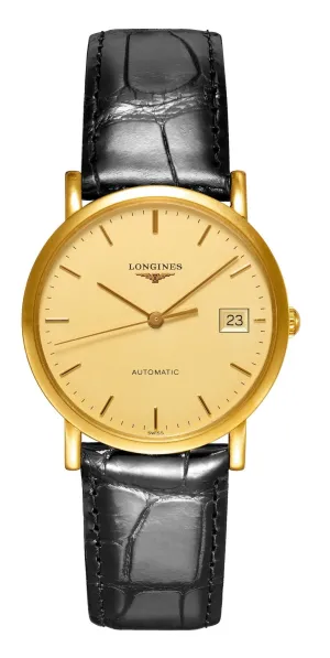 Longines Elegant Automatic 18K Yellow Gold Champagne Dial Black Leather Strap Date Womens Watch L4.778.6.32.0