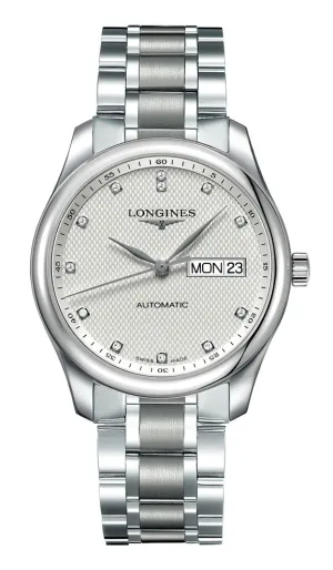 Longines Master Collection Automatic Stainless Steel Silver Dial Diamonds Day/Date Mens Watch L2.755.4.77.6