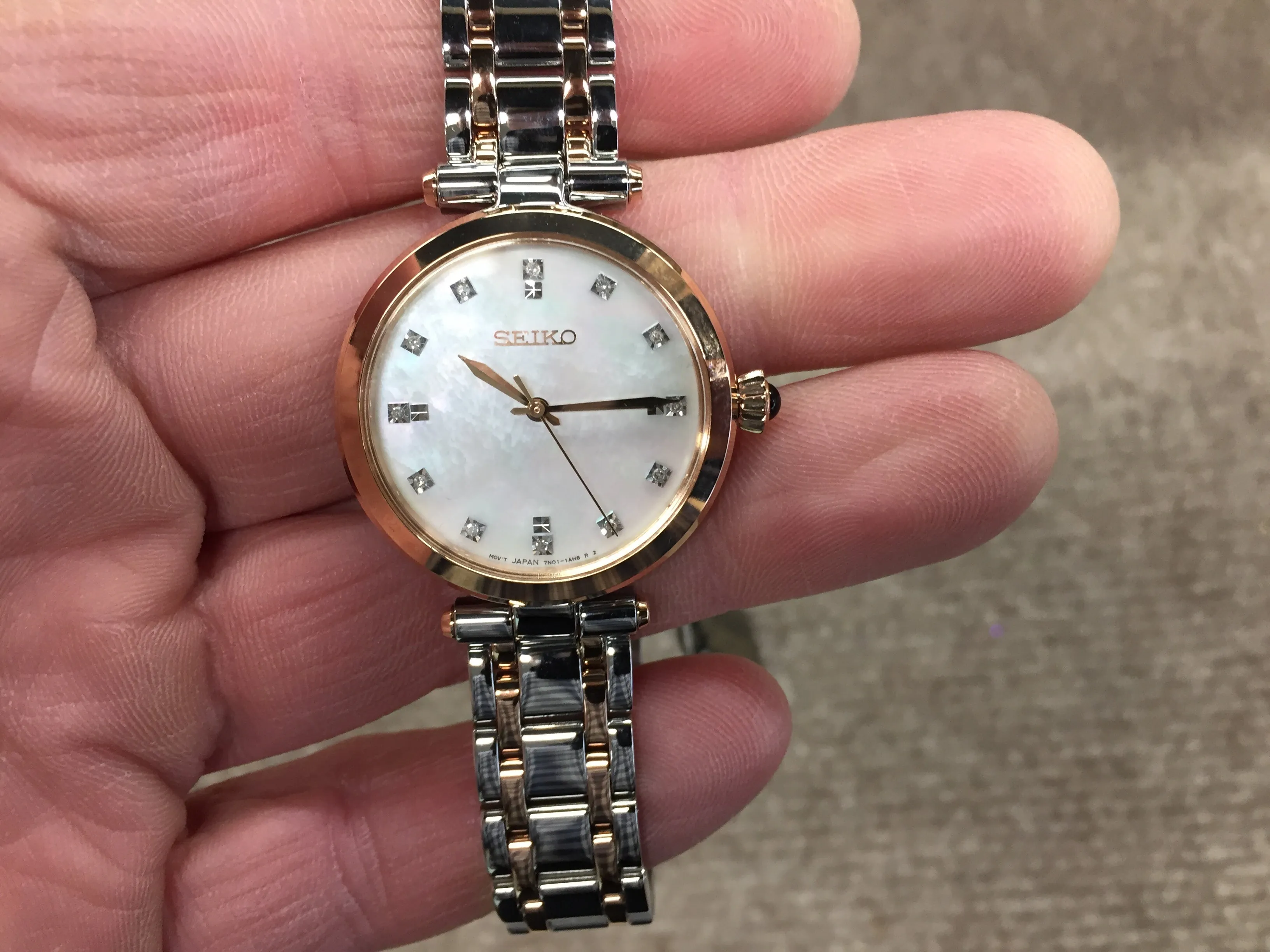 Seiko Elegant Womens Dress Watch with Diamond Accents and Mother-of-Pearl Dial