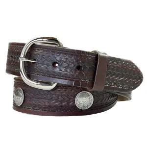 Tooled Basket Weave Genuine Leather Western Belt with Buffalo Nickels